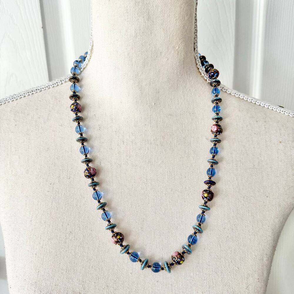 Vintage Unmarked Blue Glass Plastic Round Beads Painted Rose Floral Necklace 25"